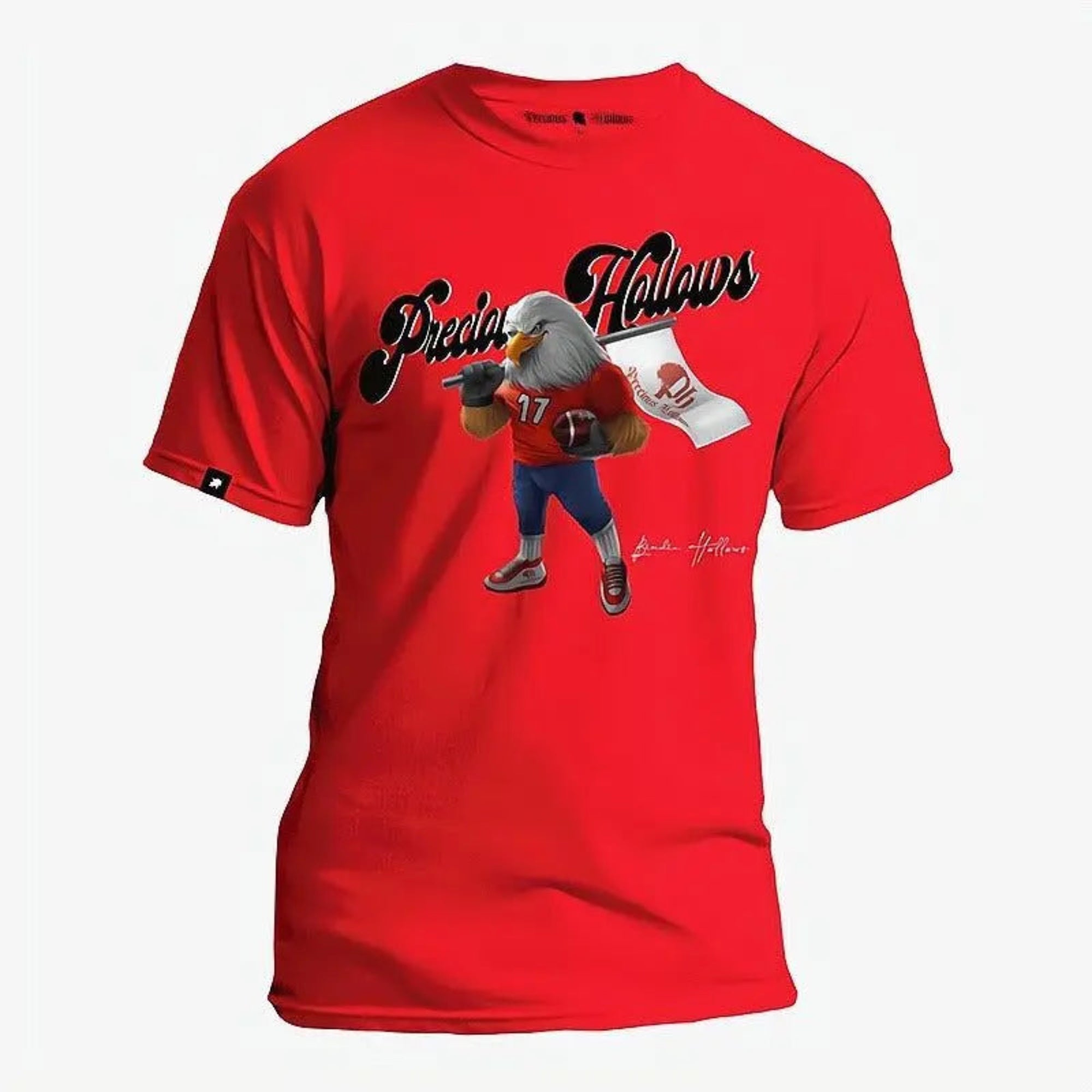 A red Pima cotton tee with a graphic of a cartoon bird character holding a football, and the text 'Precious Hollows' above it.#color_red