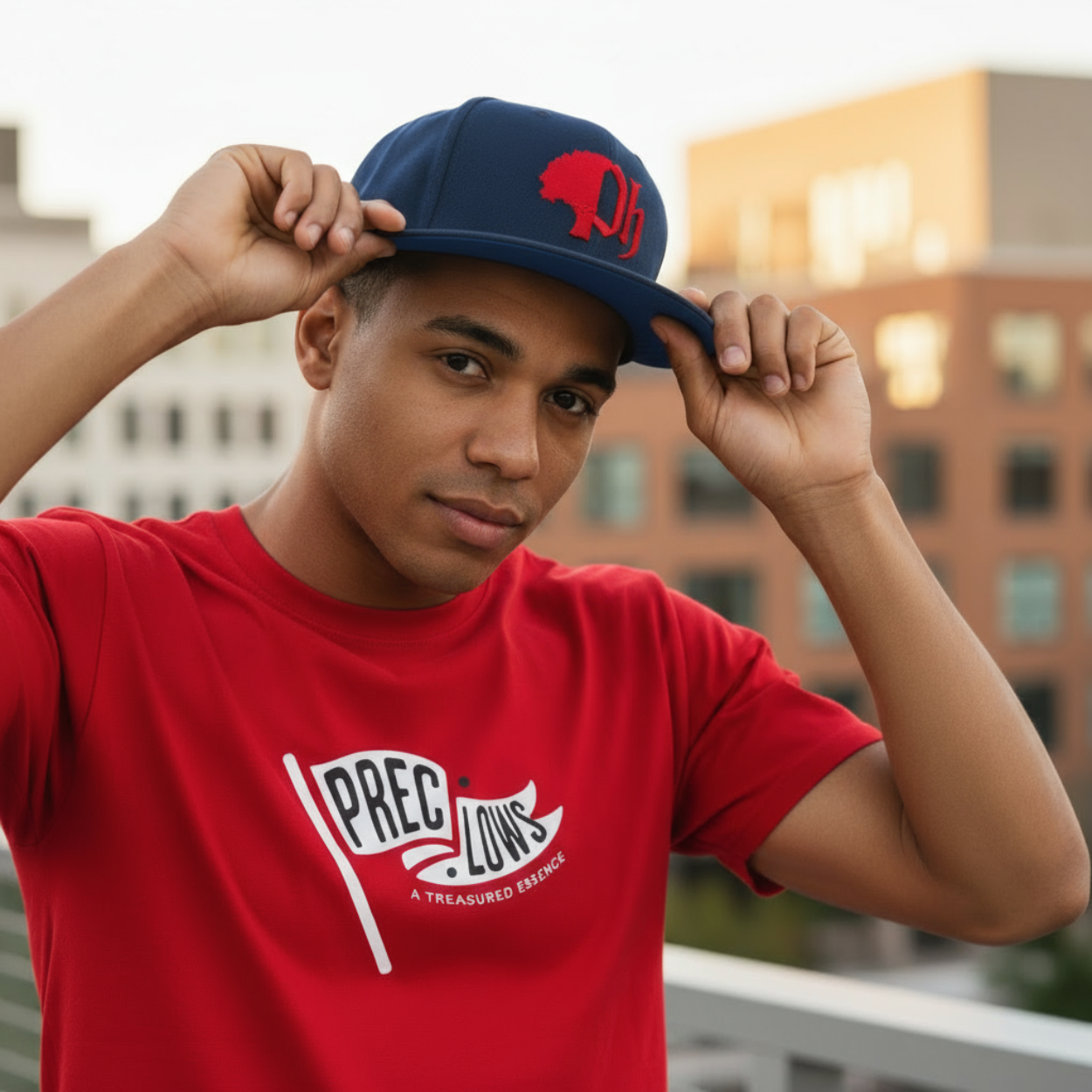 Person wearing a red t-shirt with a logo and a blue cap with a red logo, standing in an urban setting.
