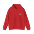 Red hoodie with a small logo on the chest against a white background.#color_red