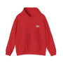 Red hoodie with a small logo on the chest against a white background.#color_red