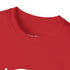 Close-up of a red shirt with a brand label on a white background.#color_red