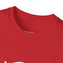 Close-up of a red shirt with a brand label on a white background.#color_red