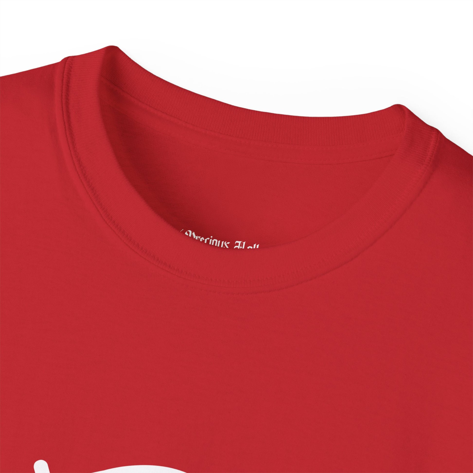 Close-up of a red shirt with a brand label on a white background.#color_red