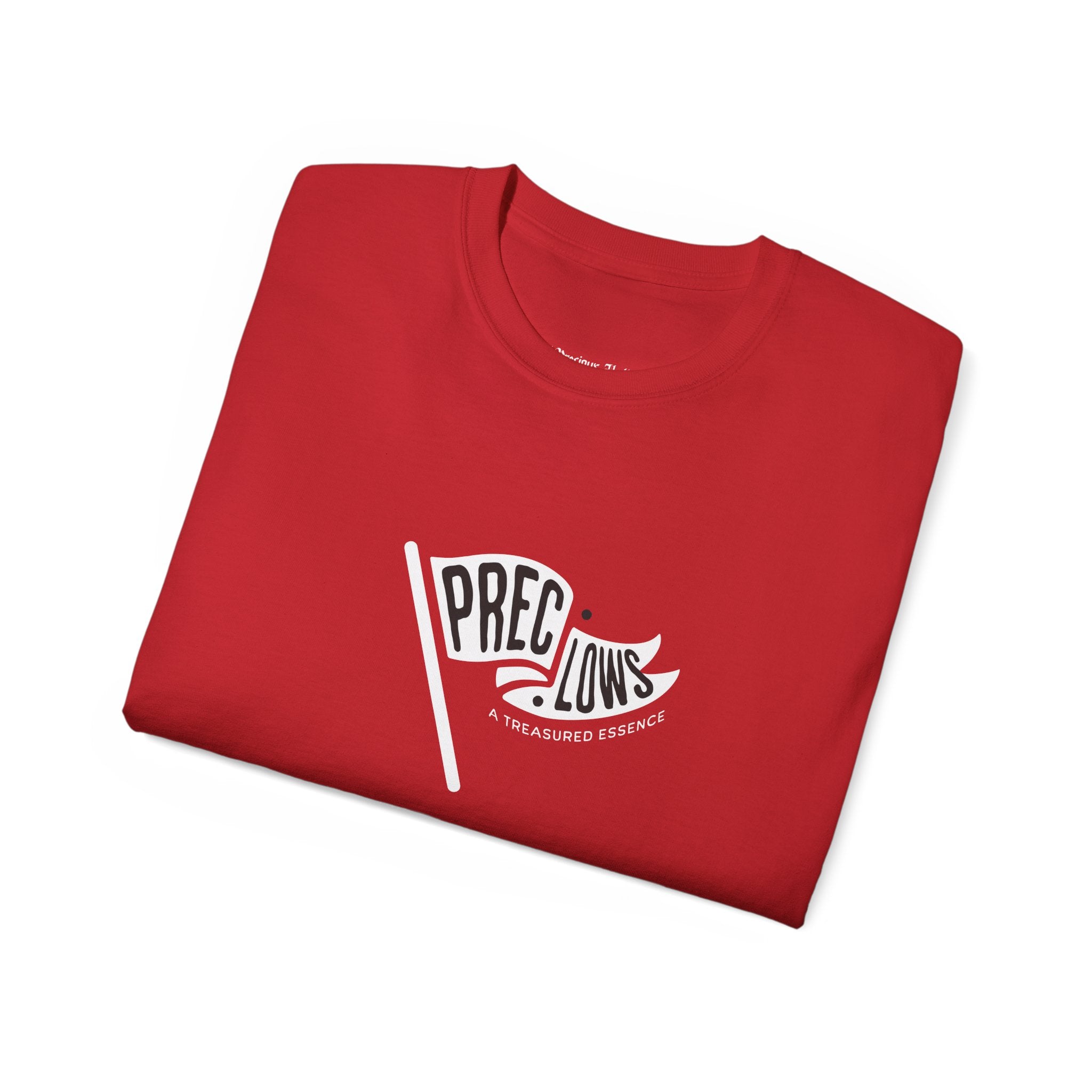 Folded red t-shirt with white graphic and text on a white background.#color_red