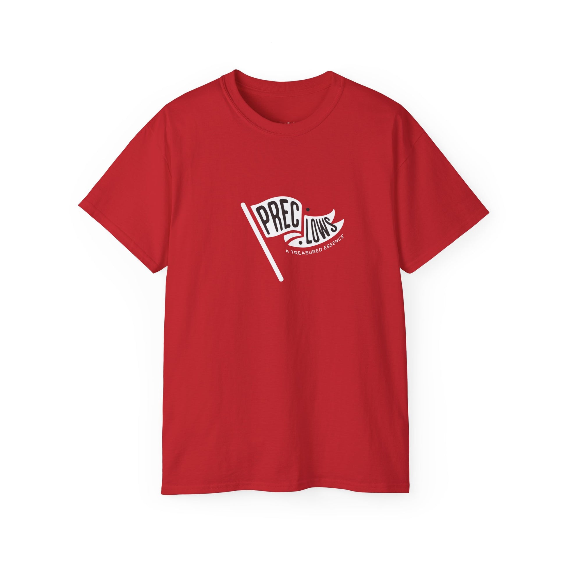 Red t-shirt with a white graphic and text on a white background.#color_red