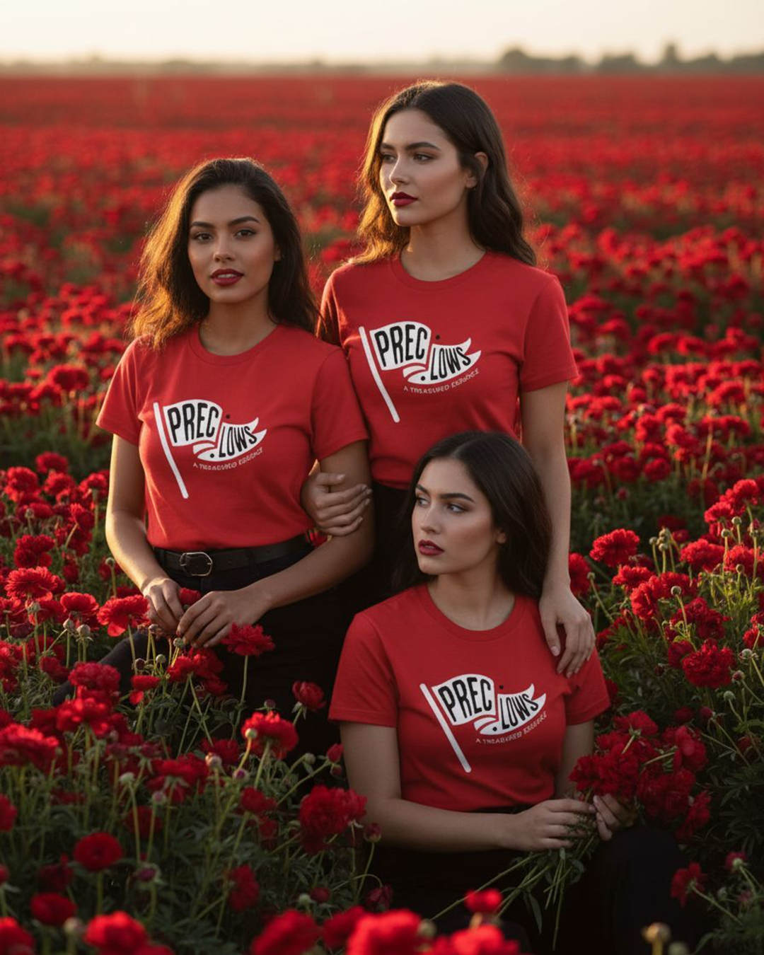Three women in red t-shirts with a logo standing in a field of red flowers.