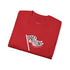 Folded red t-shirt with white graphic and text on a white background.#color_red