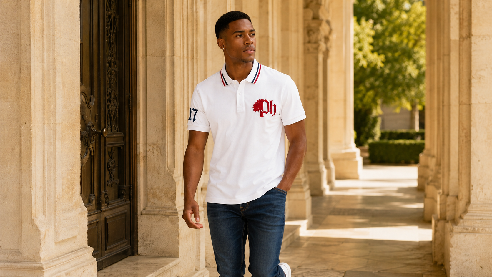 A man walking through a sunny stone colonnade wearing a white polo shirt with a red and navy logo on the chest and dark blue jeans.