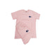 Pink t-shirt and shorts set with a logo on a white background