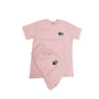 Pink t-shirt and shorts set with a logo on a white background