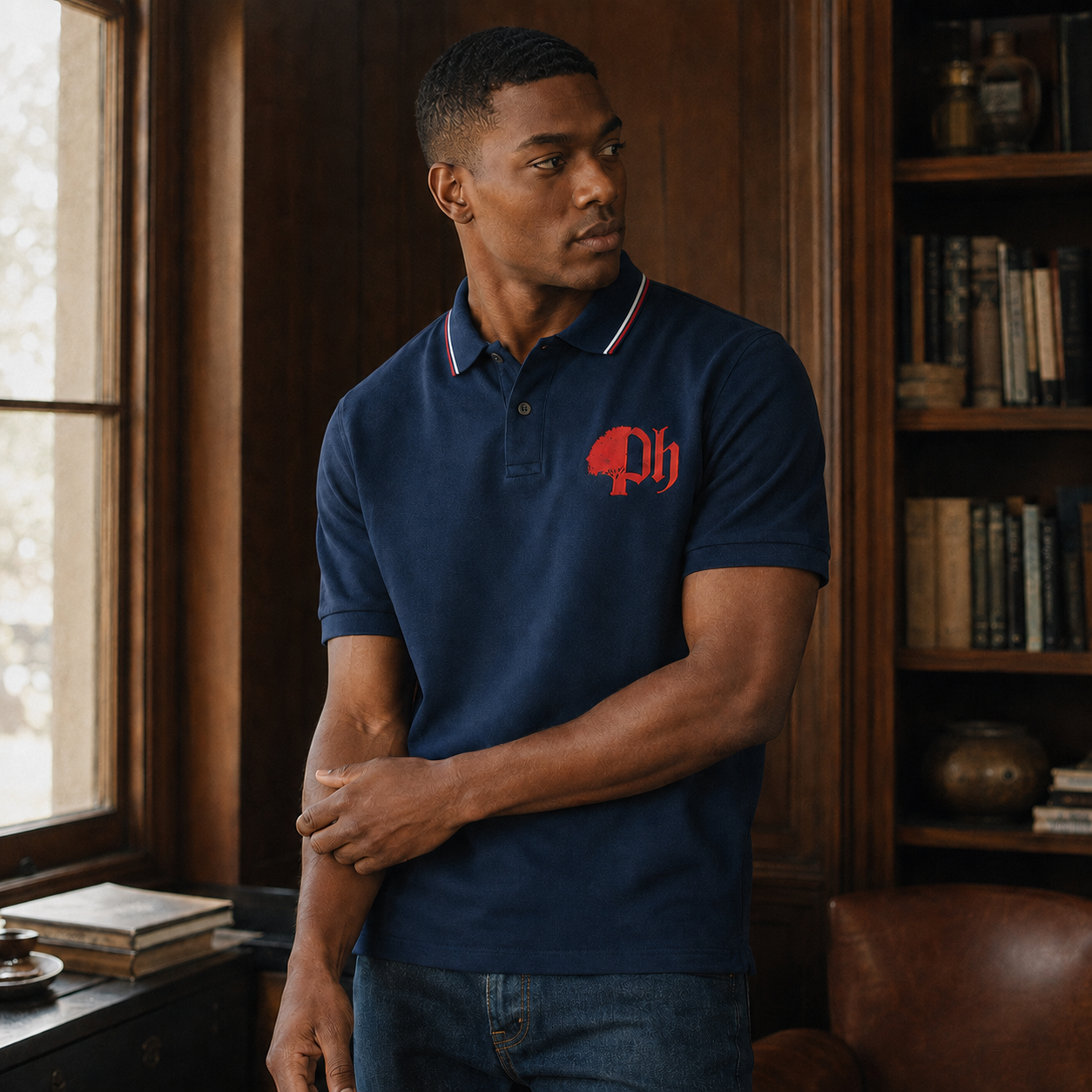 A man wearing a navy blue polo shirt with a red embroidered chest logo and striped collar, standing in a warm, wood-paneled room with bookshelves.