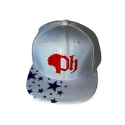 A snapback cap with a navy blue stars pattern on the brim and a red logo on the front.#color_white-red