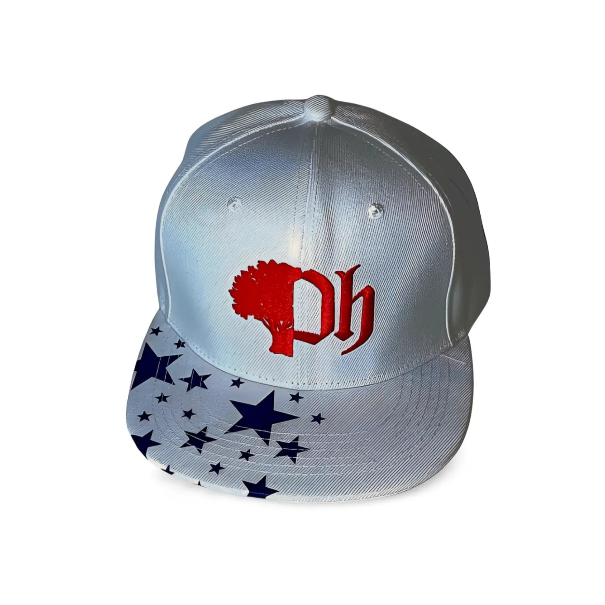 A snapback cap with a navy blue stars pattern on the brim and a red logo on the front.#color_white-red