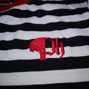 Black and white striped shirt with a red logo.#color_black-stripes