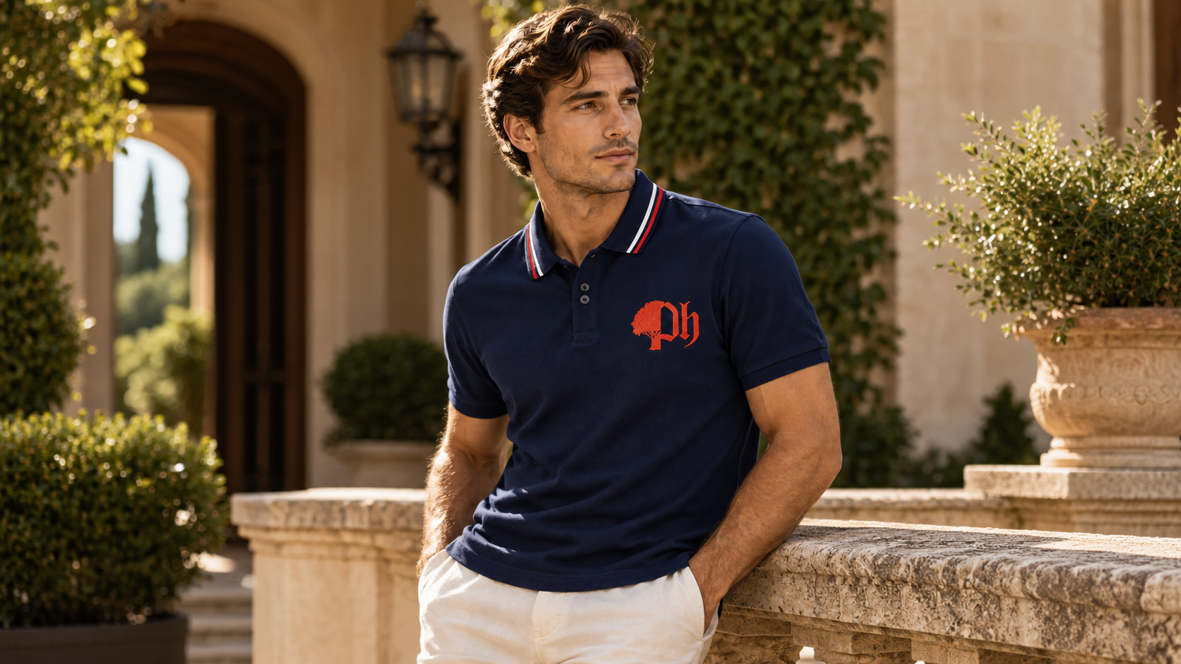 A man wearing a navy blue polo shirt with a red and white striped collar and a red chest logo, leaning against a stone wall in an outdoor garden setting.