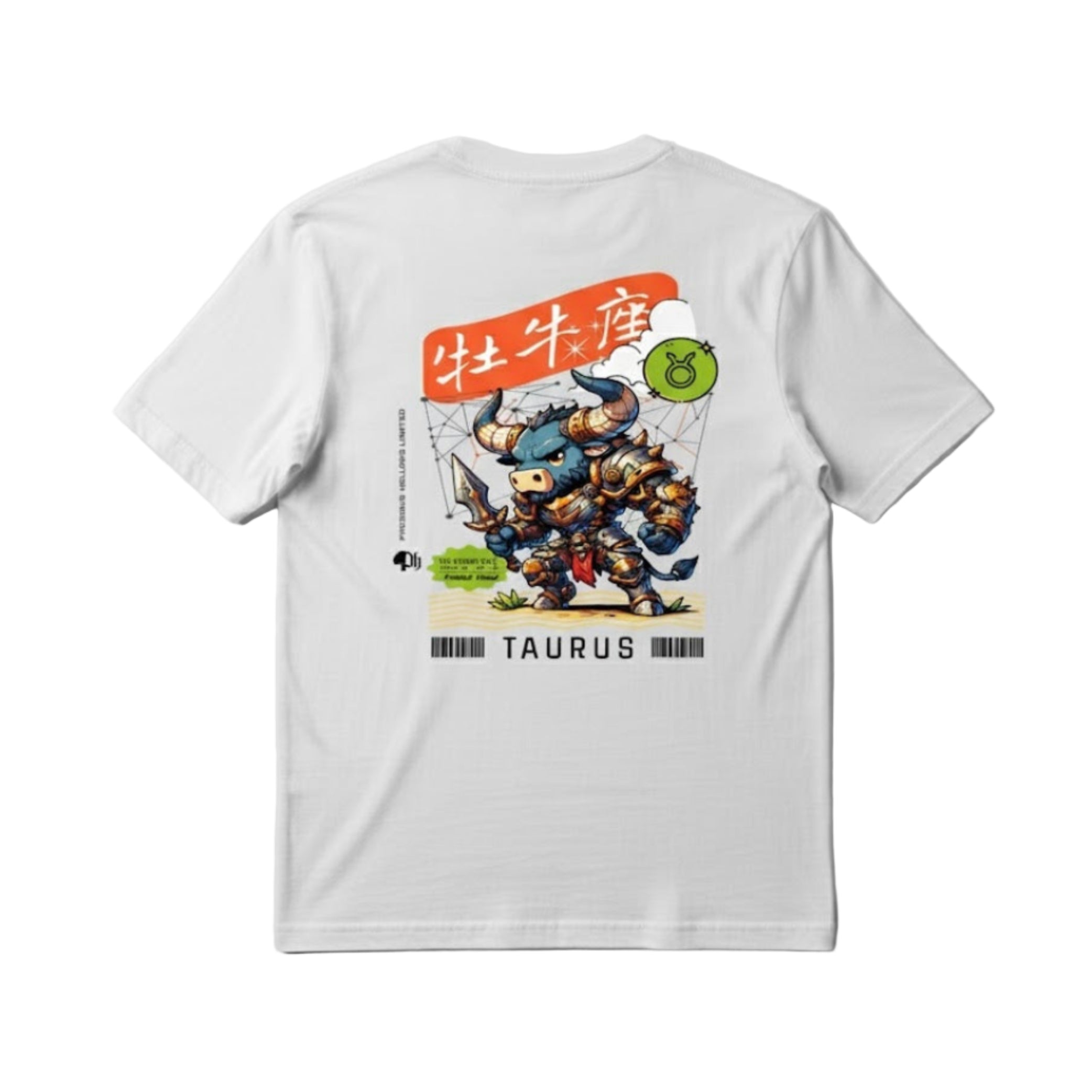 White t-shirt with a graphic design on the back featuring a character and text, on a light gray background.