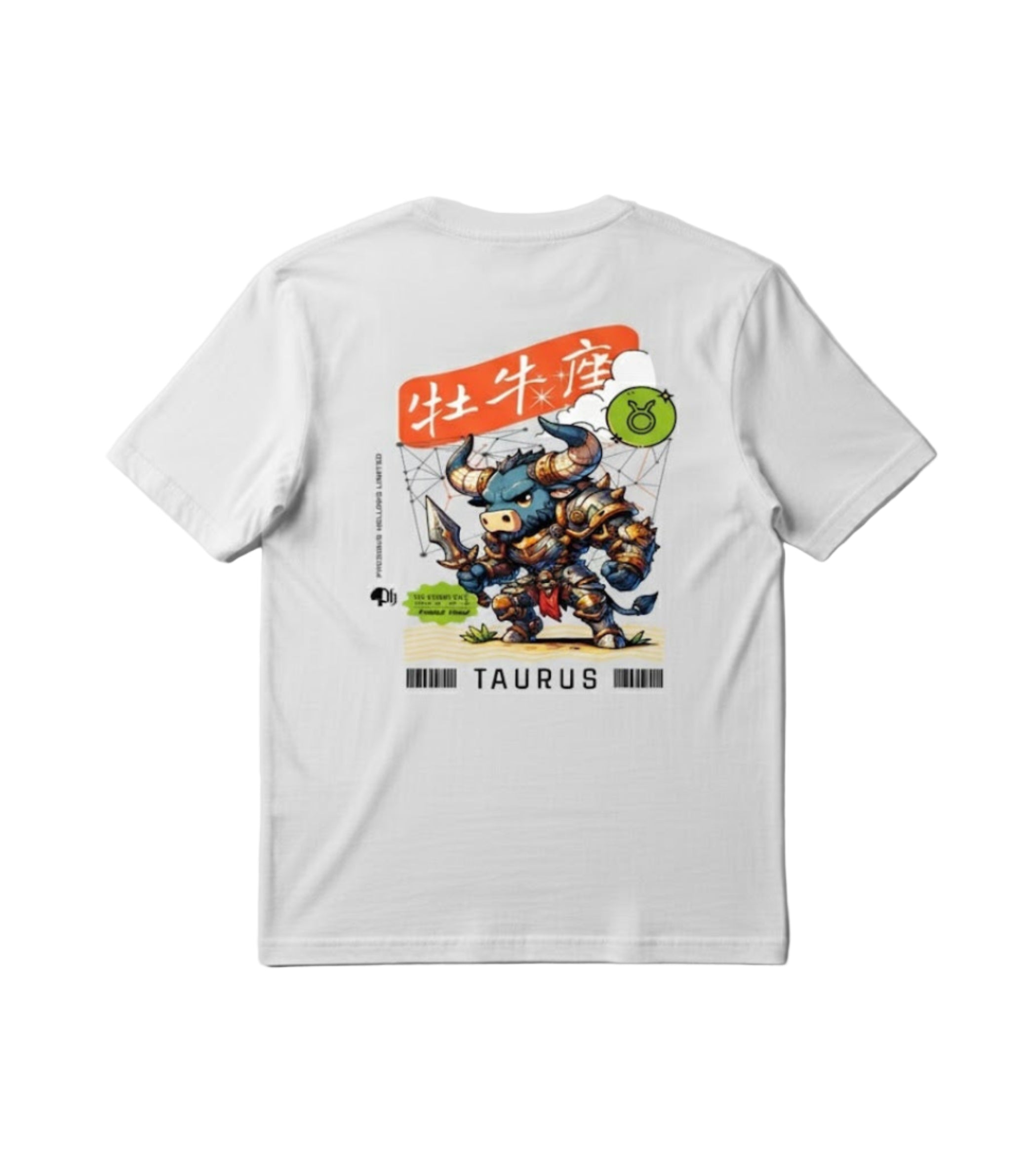 White t-shirt with a graphic design on the back featuring a character and text, on a light gray background.