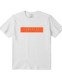 White t-shirt with orange text on a light gray background