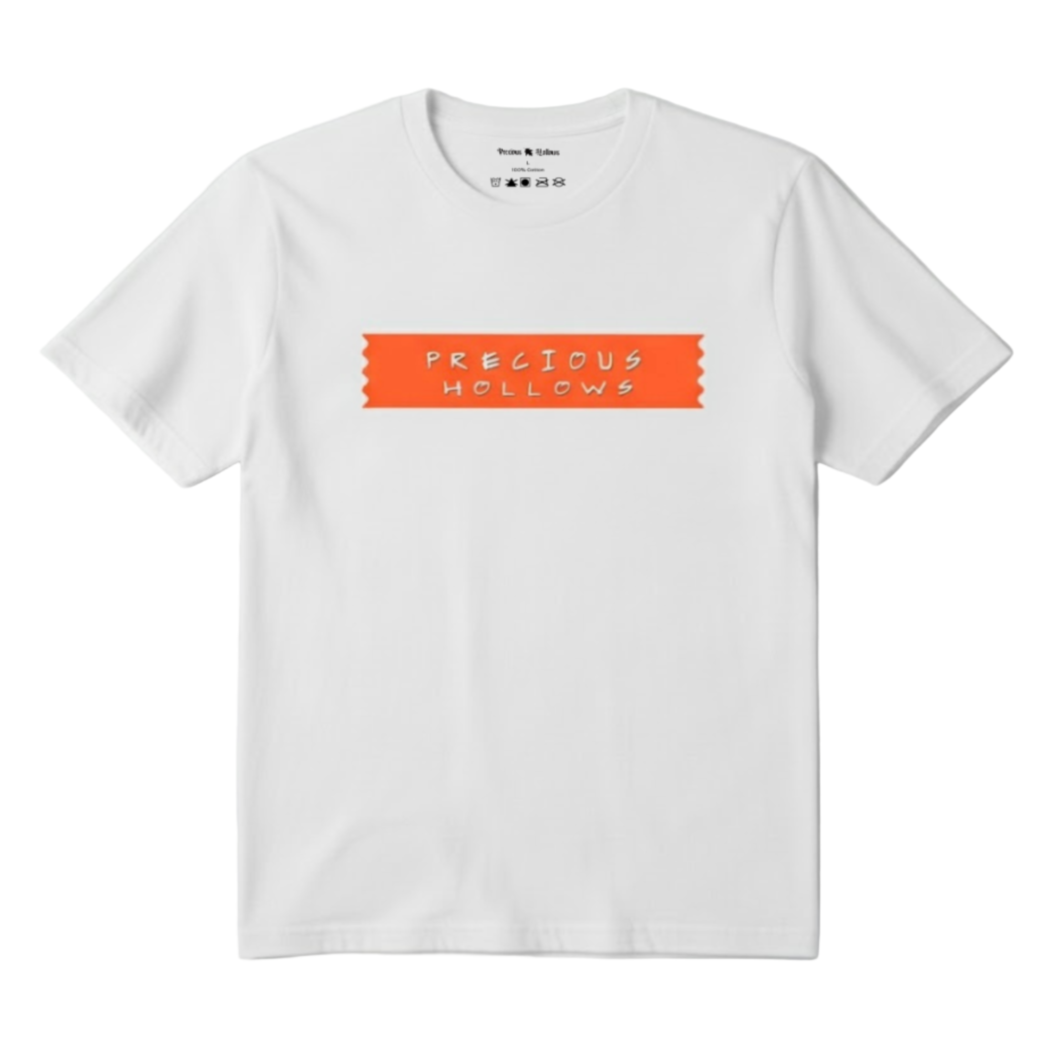 White t-shirt with orange text on a light gray background