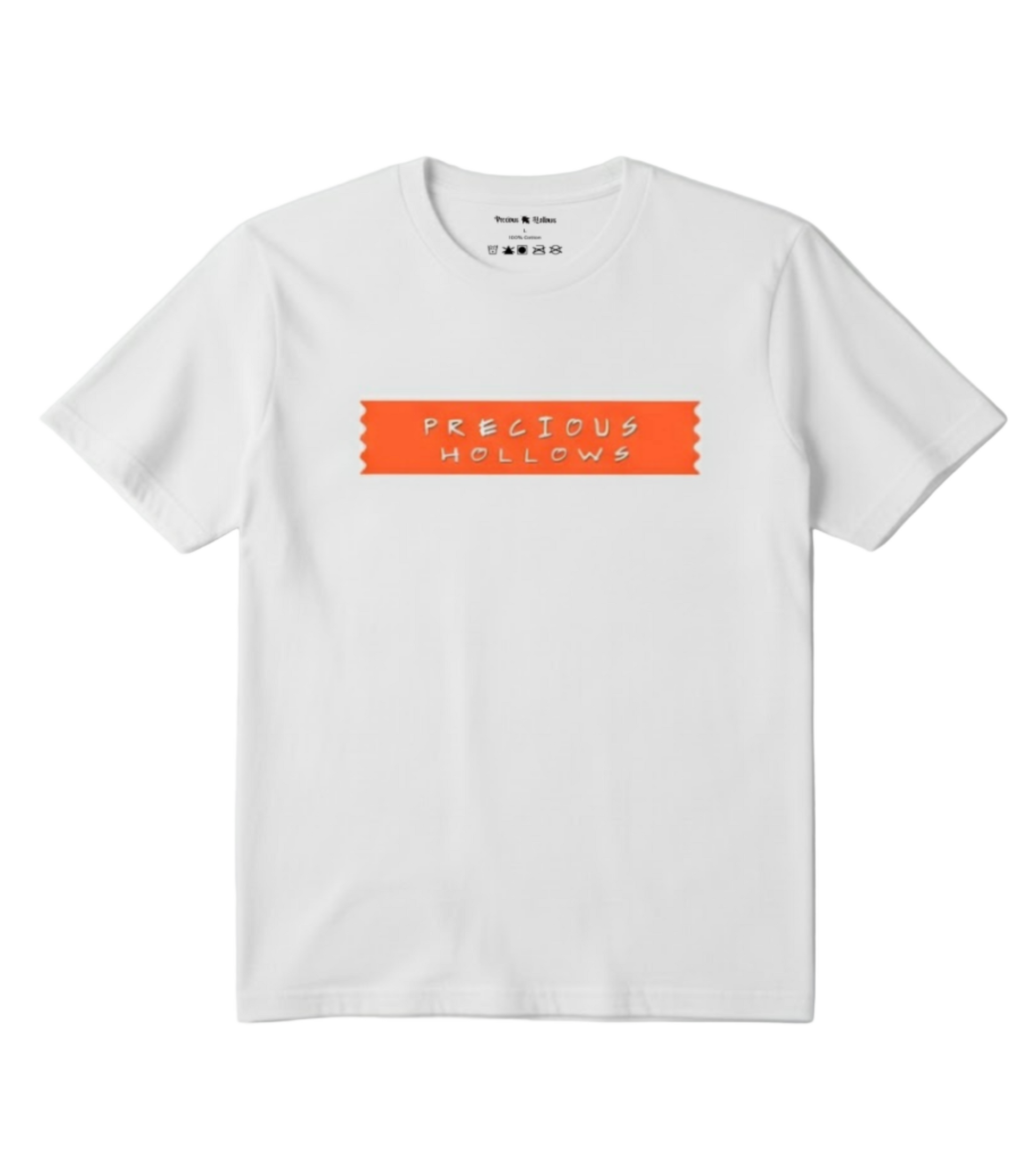 White t-shirt with orange text on a light gray background