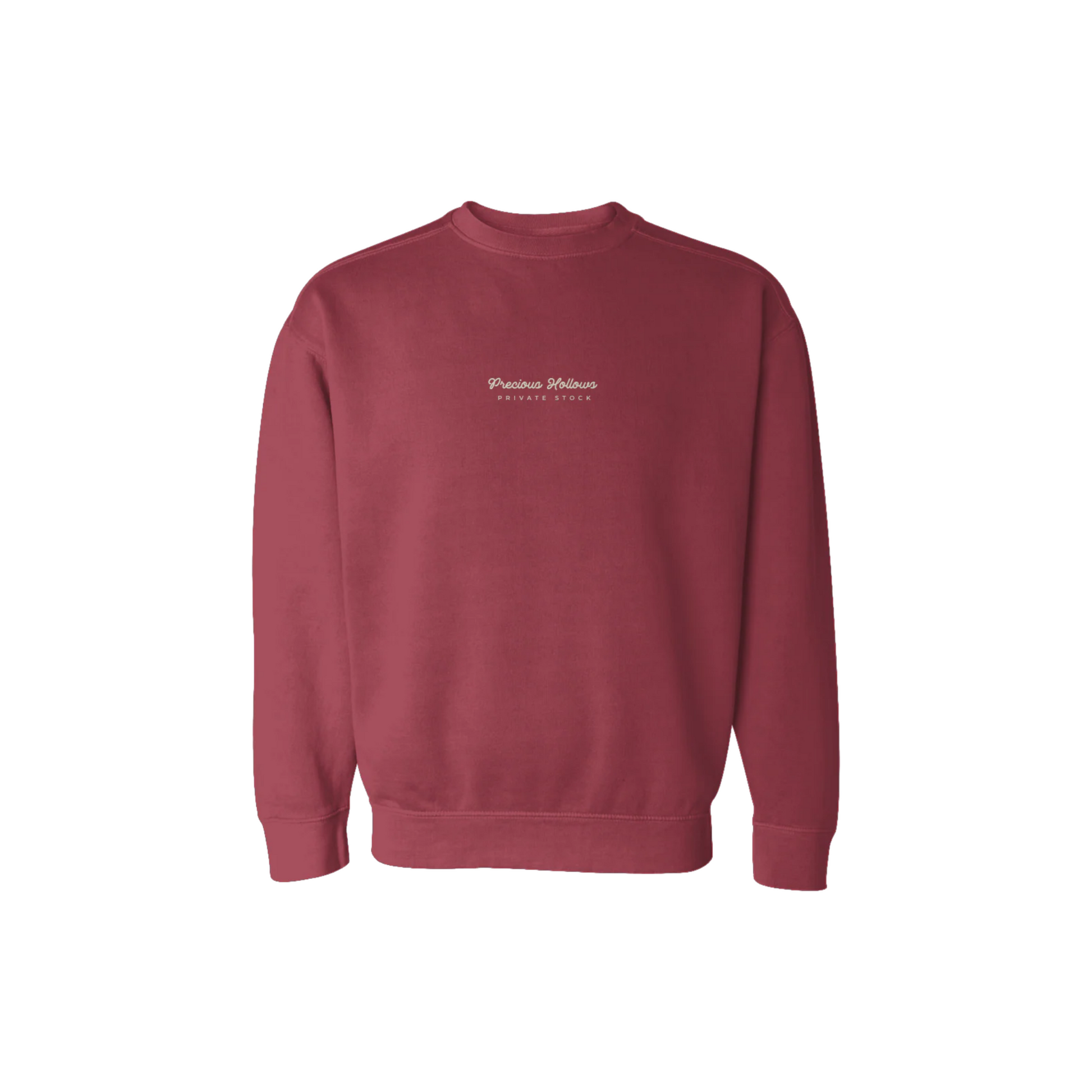 Maroon sweatshirt with a logo on the chest against a white background