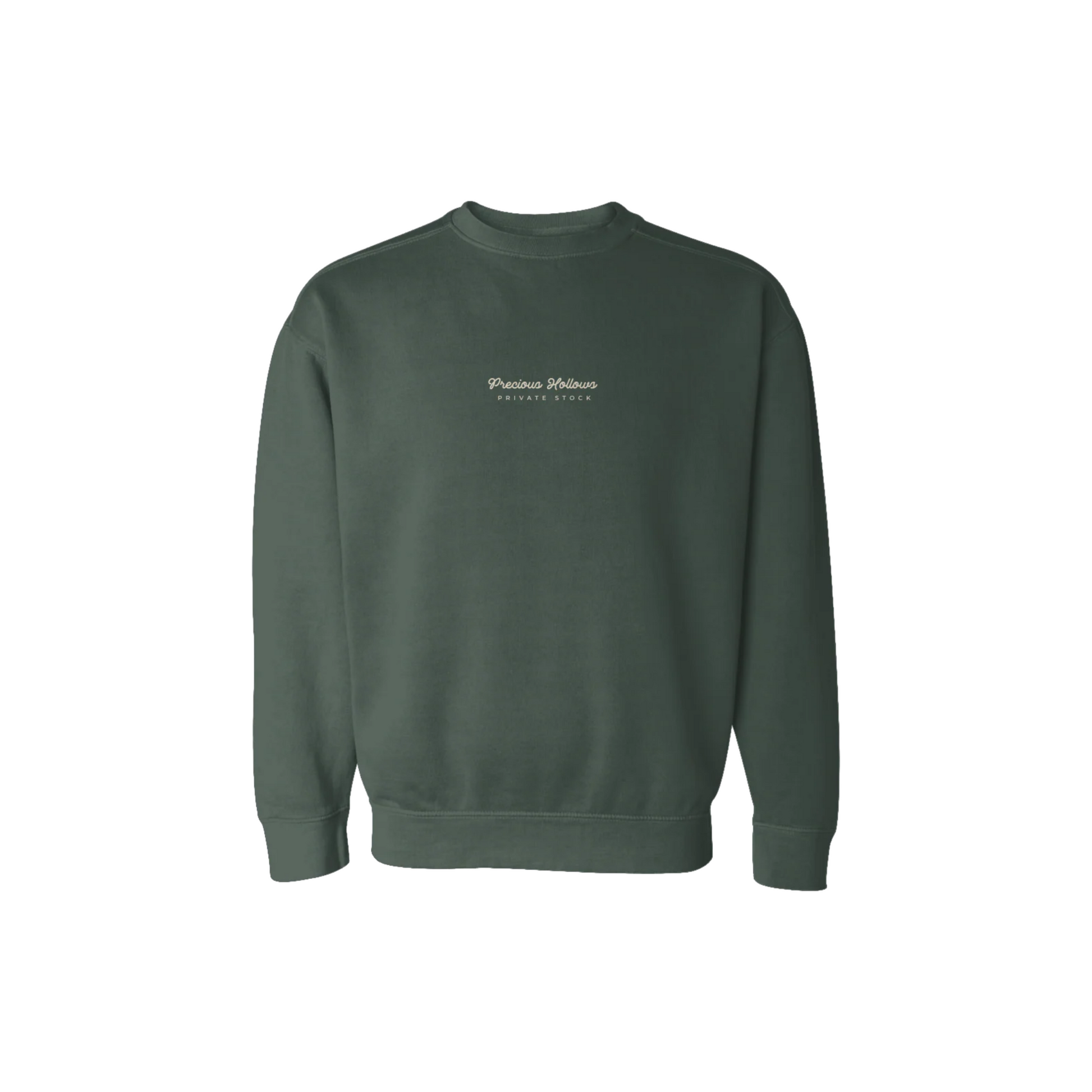 Green sweatshirt with white text on a white background