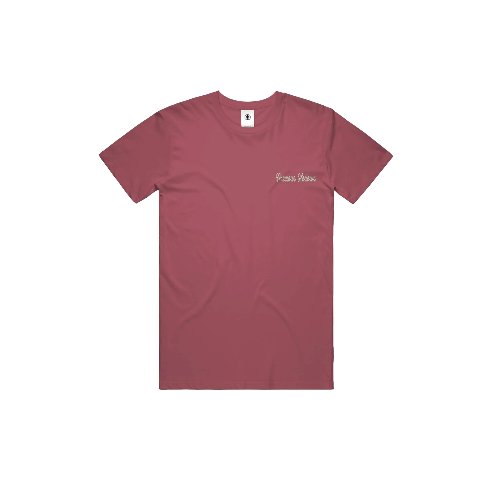 Maroon t-shirt with a logo on a white background