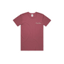 Maroon t-shirt with a logo on a white background