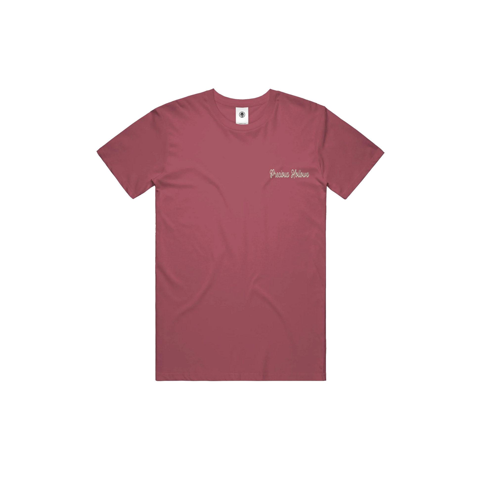 Maroon t-shirt with a logo on a white background