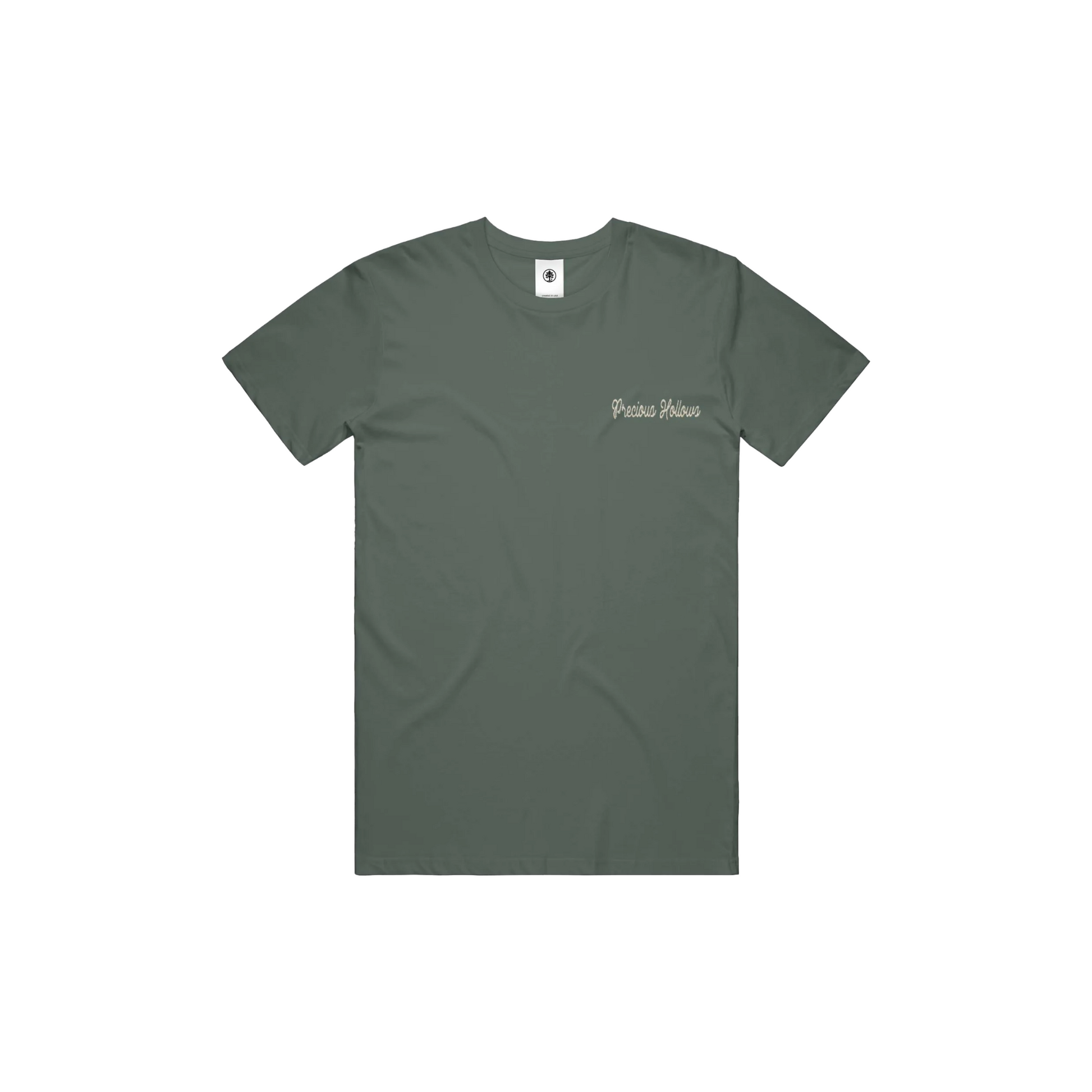 Green t-shirt with a logo on a white background