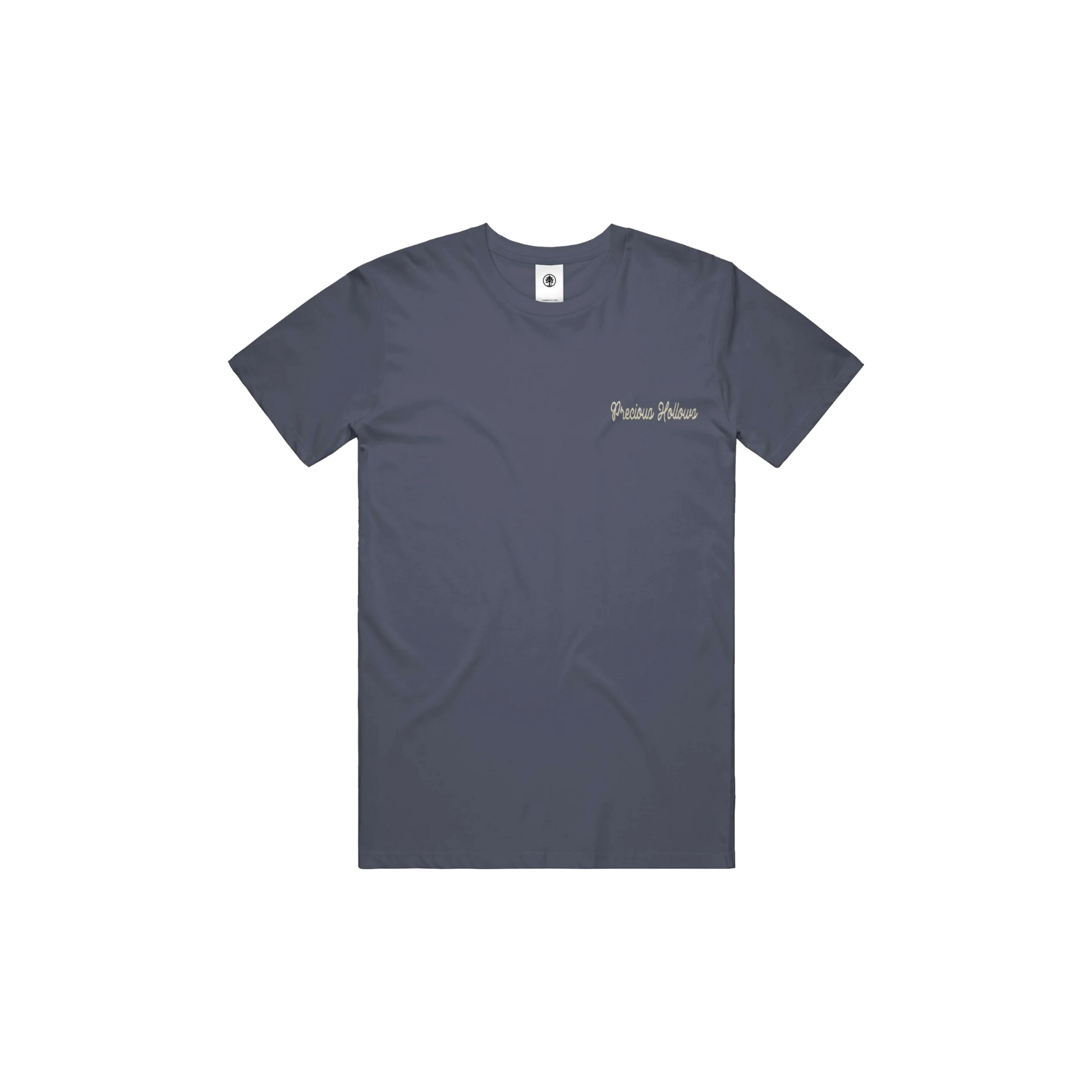 Navy t-shirt with a brand logo on a white background
