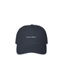 Navy cap with white text on a white background