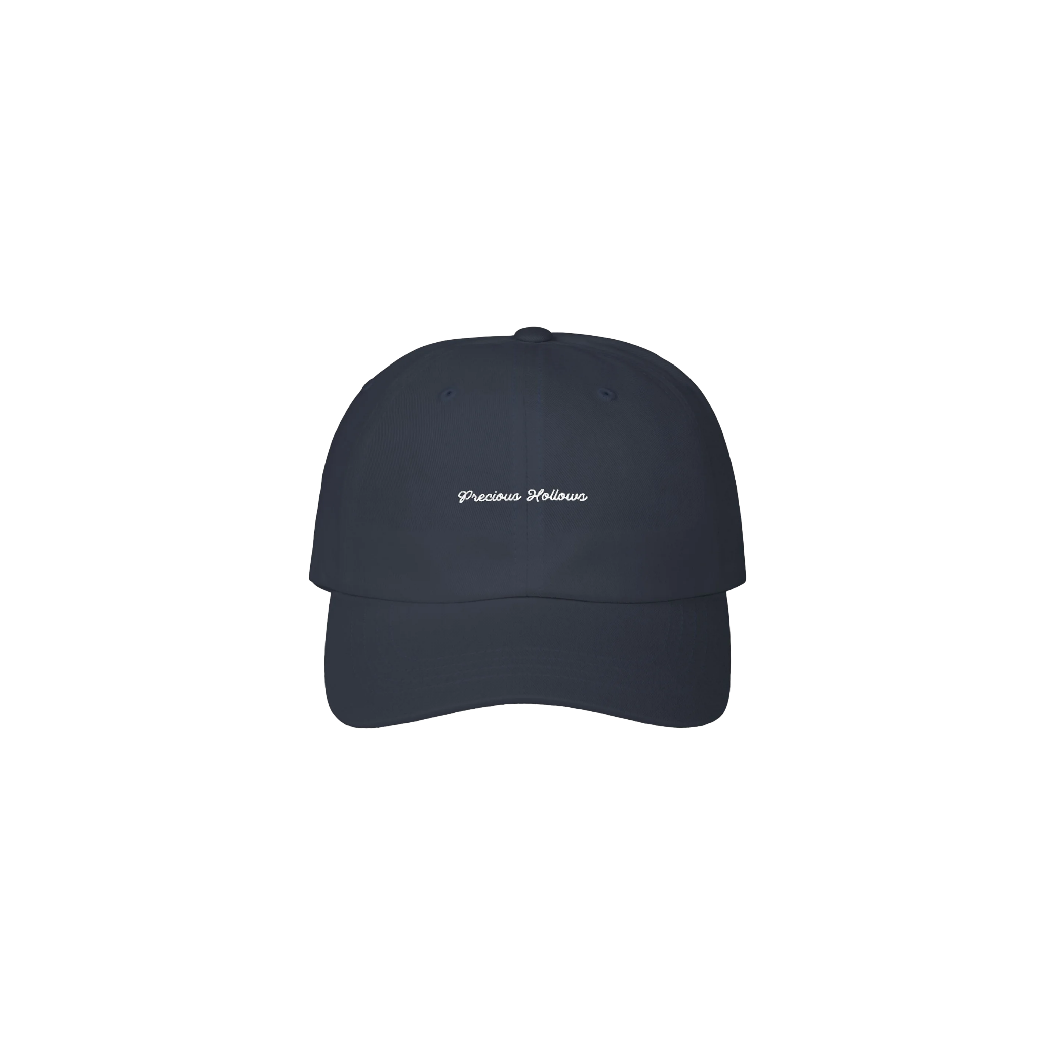 Navy cap with white text on a white background