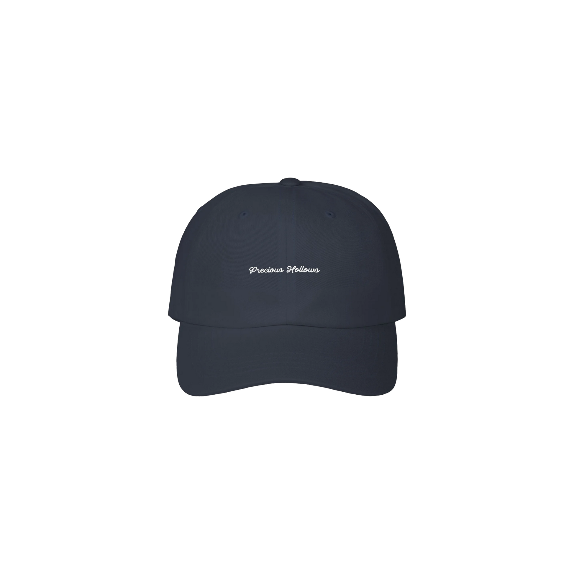 Navy cap with white text on a white background