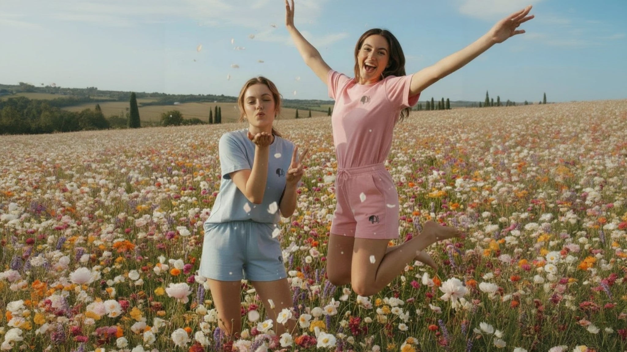 Two women standing in a field of flowers with arms outstretched.