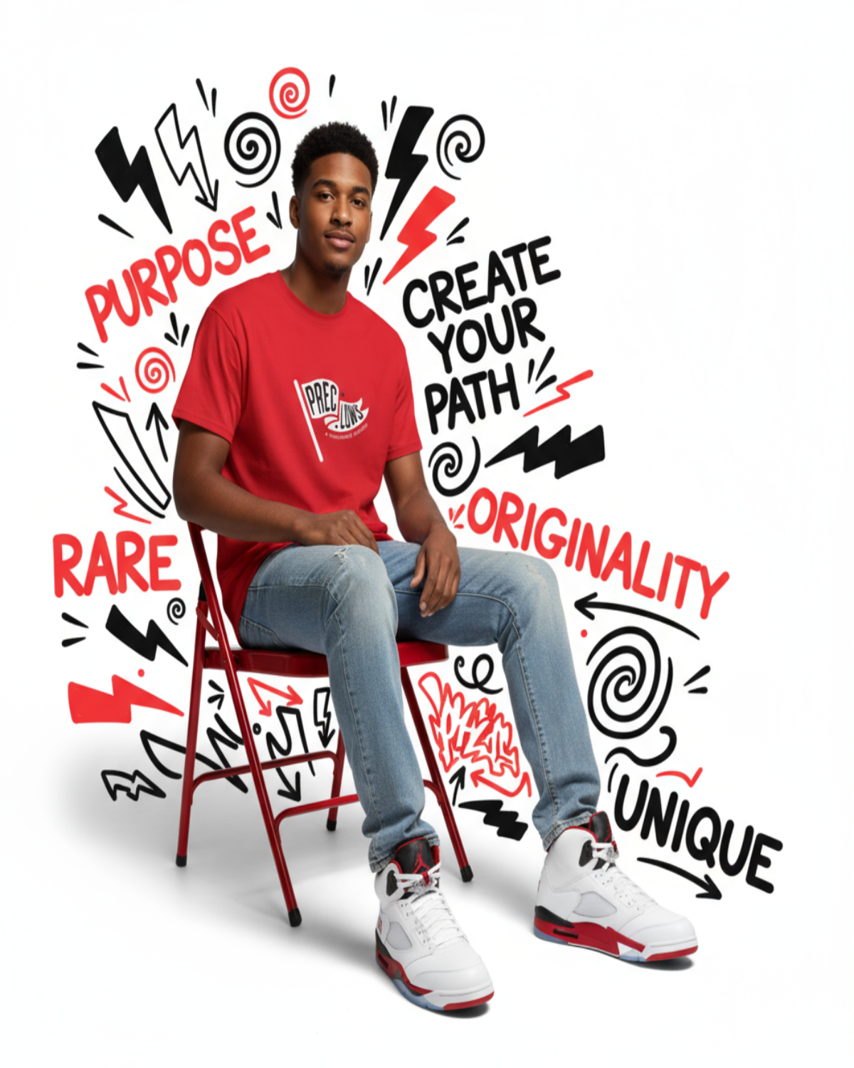 Person wearing a red shirt sitting on a chair with motivational text and graphics.