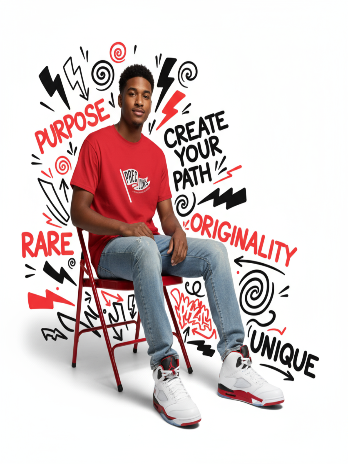 Person wearing a red shirt sitting on a chair with motivational text and graphics.