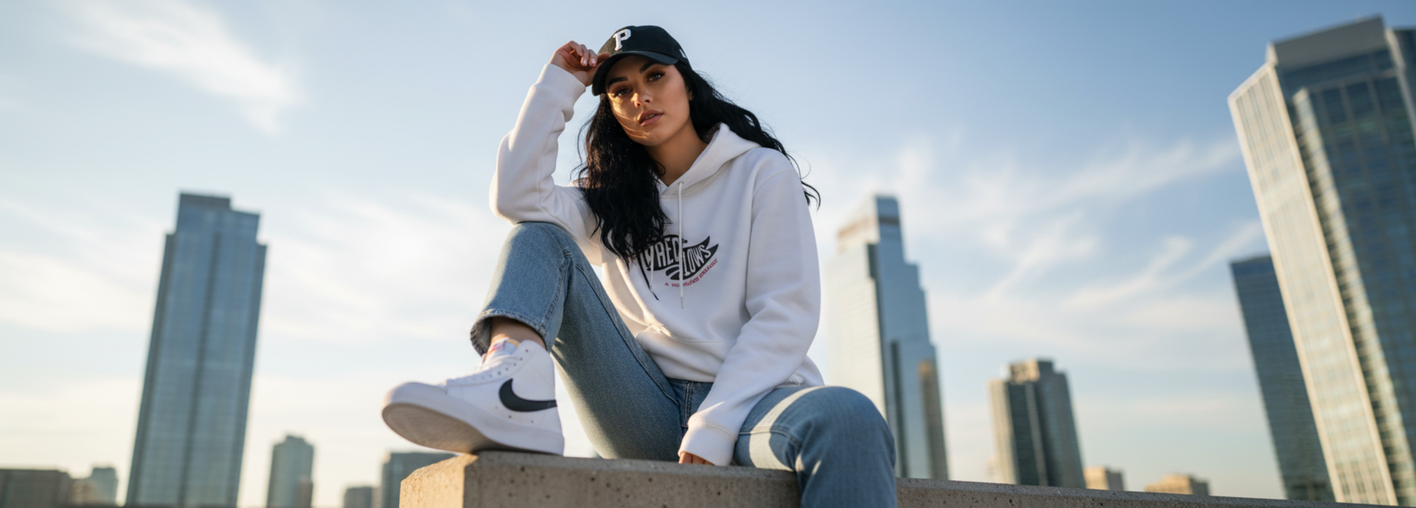 Person sitting on a ledge with city skyline in the background