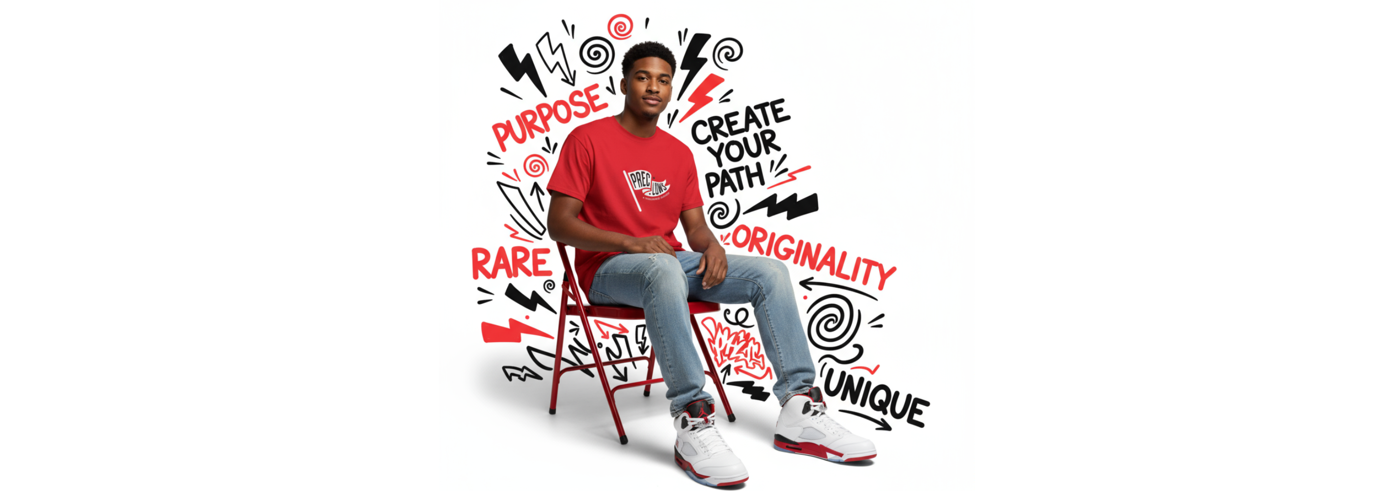 Person sitting on a chair with motivational text and graphics on a white background