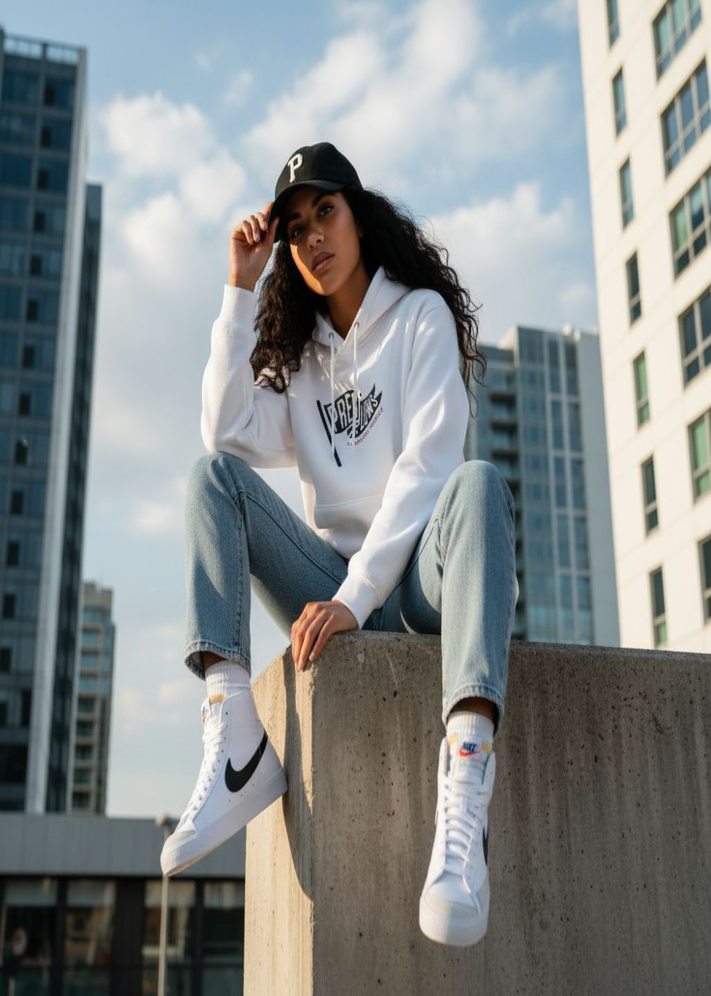 Person wearing a white hoodie and jeans sitting on a concrete block with buildings in the background