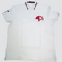 White cotton polo shirt with red and navy blue stripes on the collar, embroidery image on right sleeve and red logo on the chest.#color_white 