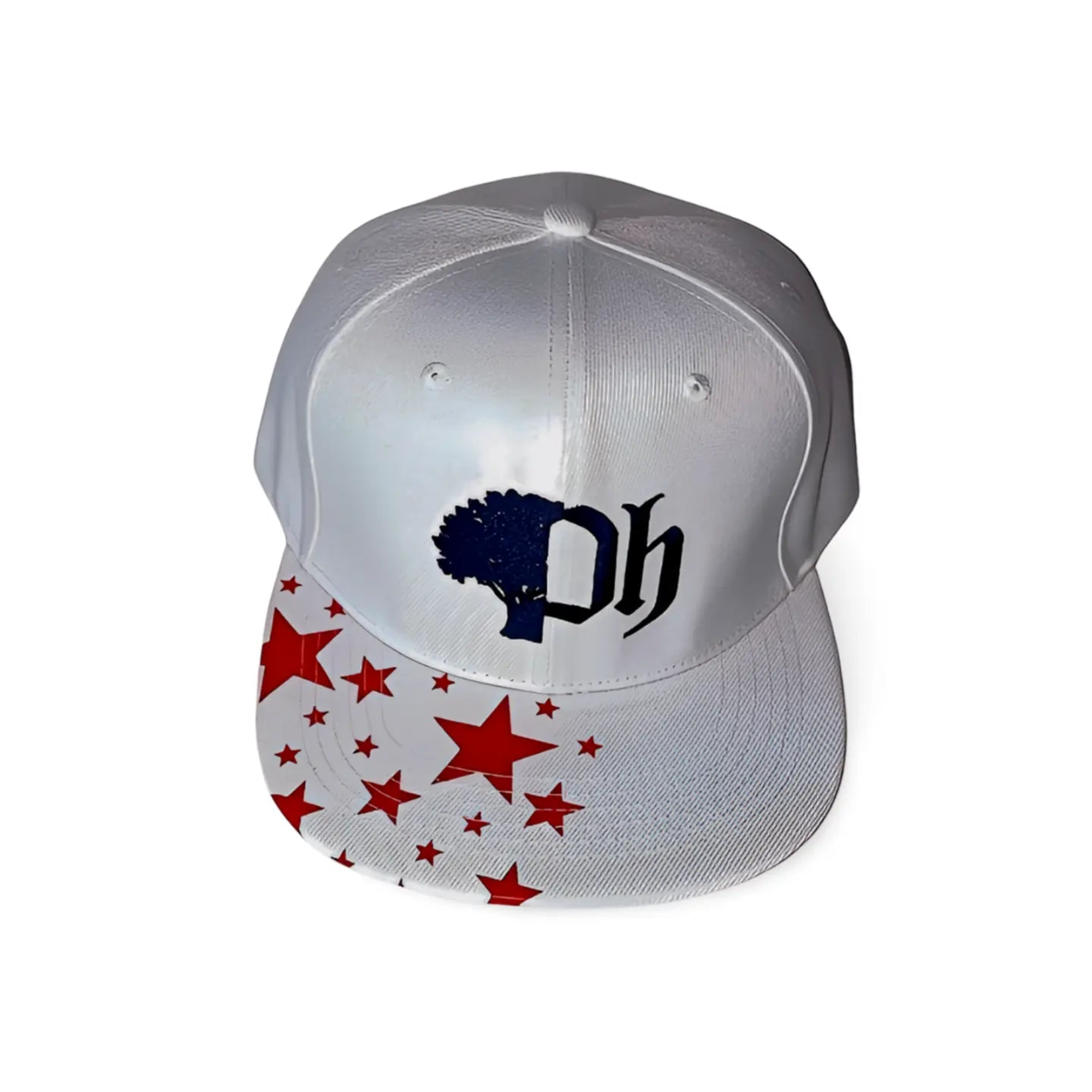 A snapback cap with a red stars pattern on the brim and a navy blue logo on the front.#color_white-navy