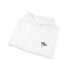 Folded white hoodie sweatshirt with a small logo on a white background.#color_white