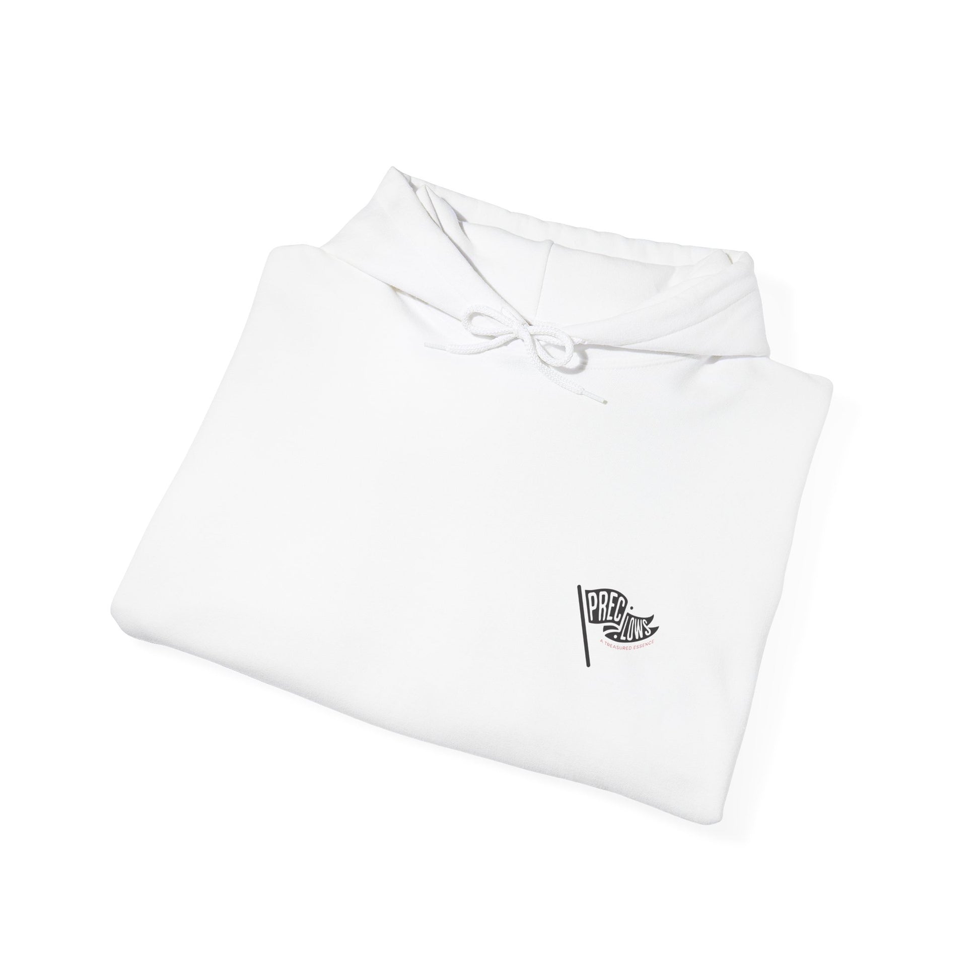 Folded white hoodie sweatshirt with a small logo on a white background.#color_white