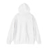 Back of white hoodie with hood up on a white background.#color_white