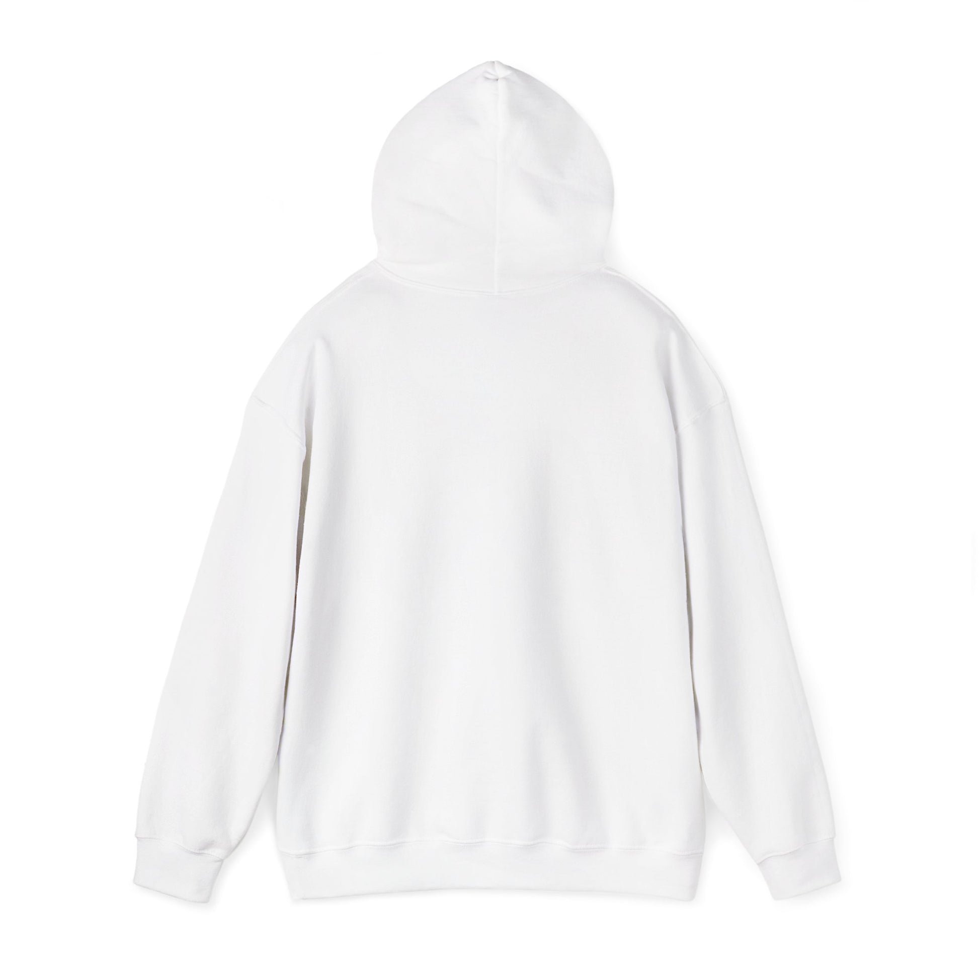 Back of white hoodie with hood up on a white background.#color_white