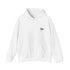 White hoodie with a small logo on a white background.#color_white