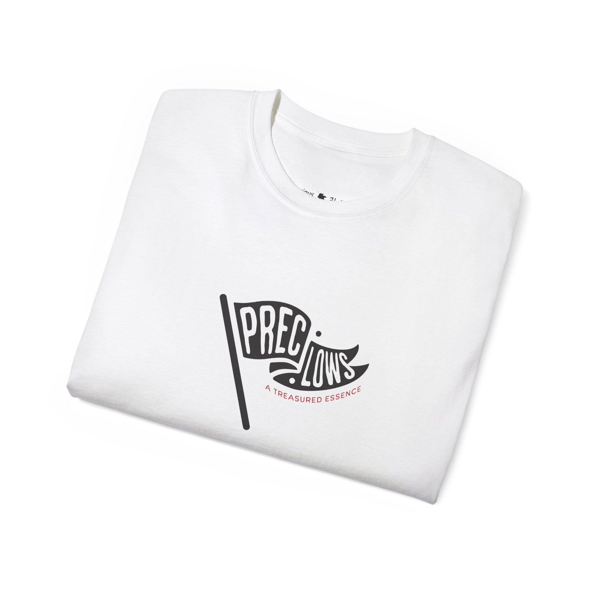 Folded white t-shirt with 'PRECIOUS HOLLOWS' logo on a white background.#color_white
