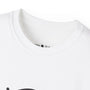 Close-up of a white t-shirt with a brand logo on the collar..#color_white