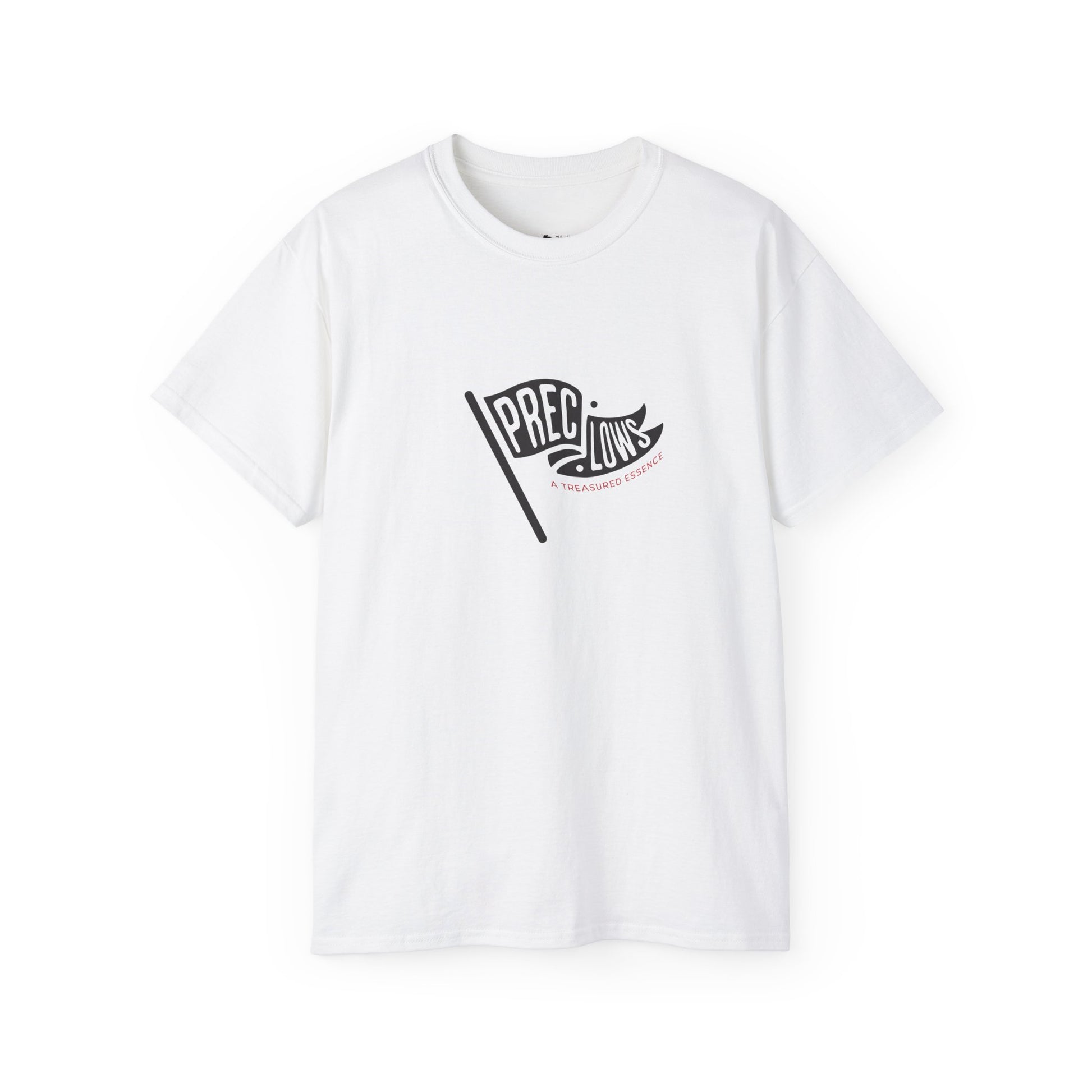 White t-shirt with black graphic design on a white background.#color_white